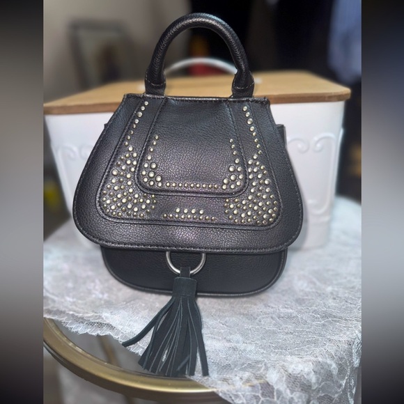 American Eagle black leather Silver Studs/Tassel top handle mini satchel - Picture 1 of 10